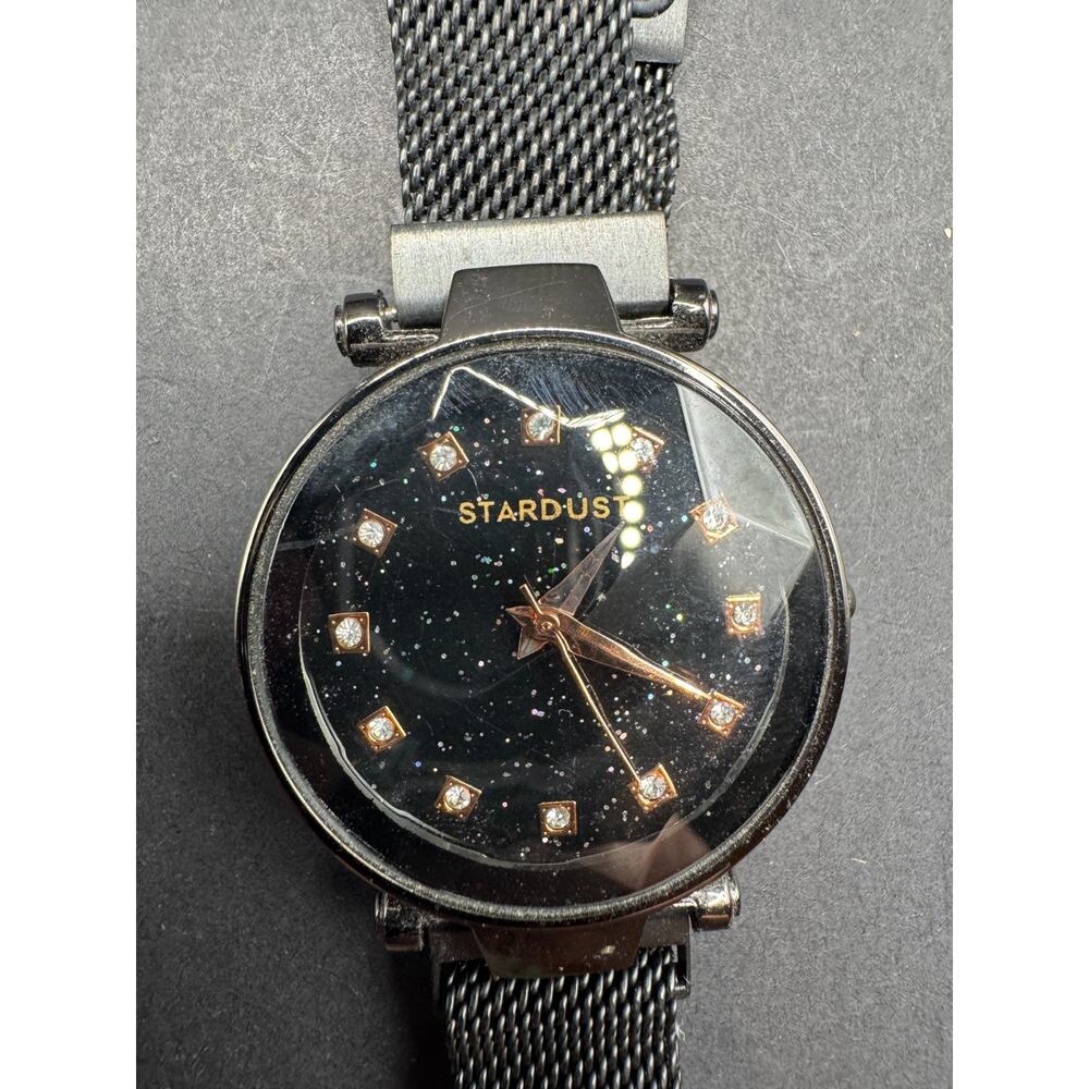 Starburst Diamond Glass Rose Toned & Crystal Accents Watch Black Mesh Band